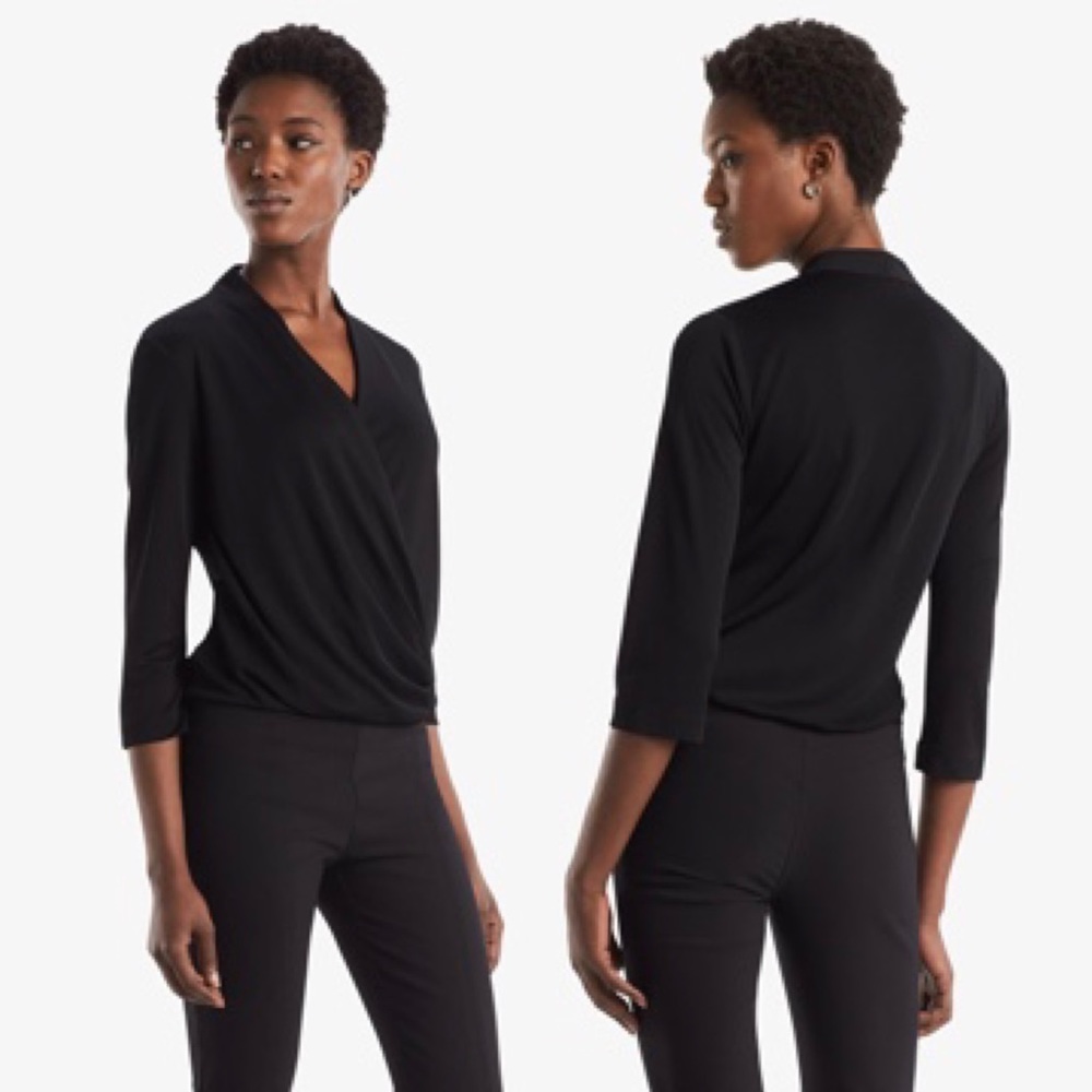 M.M. Lafleur Black 3/4 Sleeve Deneuve Faux Wrap Drape Blouse Top